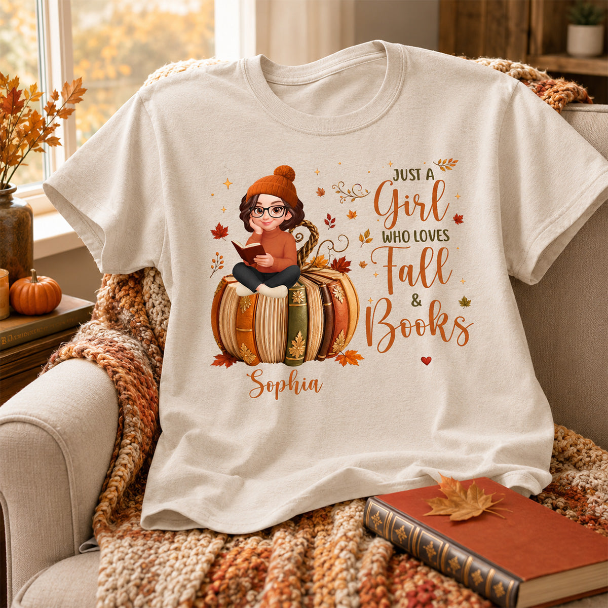 All Booked For Fall Girl Reading Book On Fall Book Pumpkin - Personalized Shirt - Fall Season Gift For Book Lover