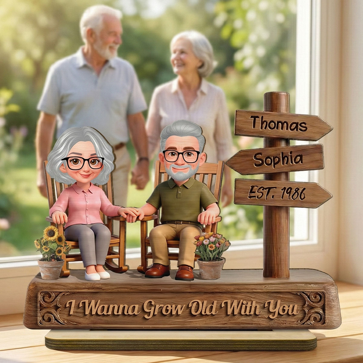 Old Couple Sitting On Rocking Chair By Sign Post 2D Flat - Personalized 2-Layered Wooden Plaque