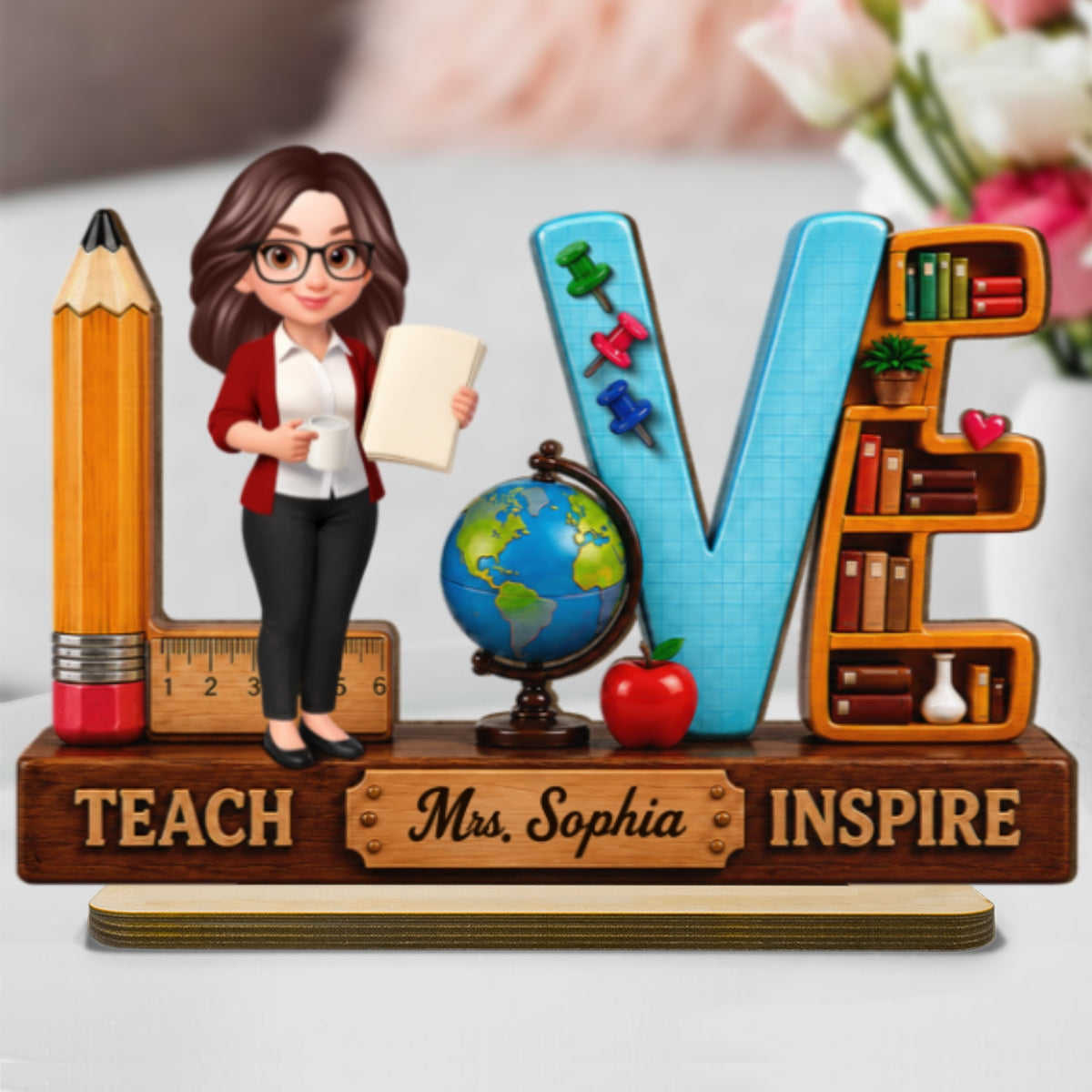 Teach Love Inspired Teacher 2D Flat - Personalized Wooden Desk Plaque