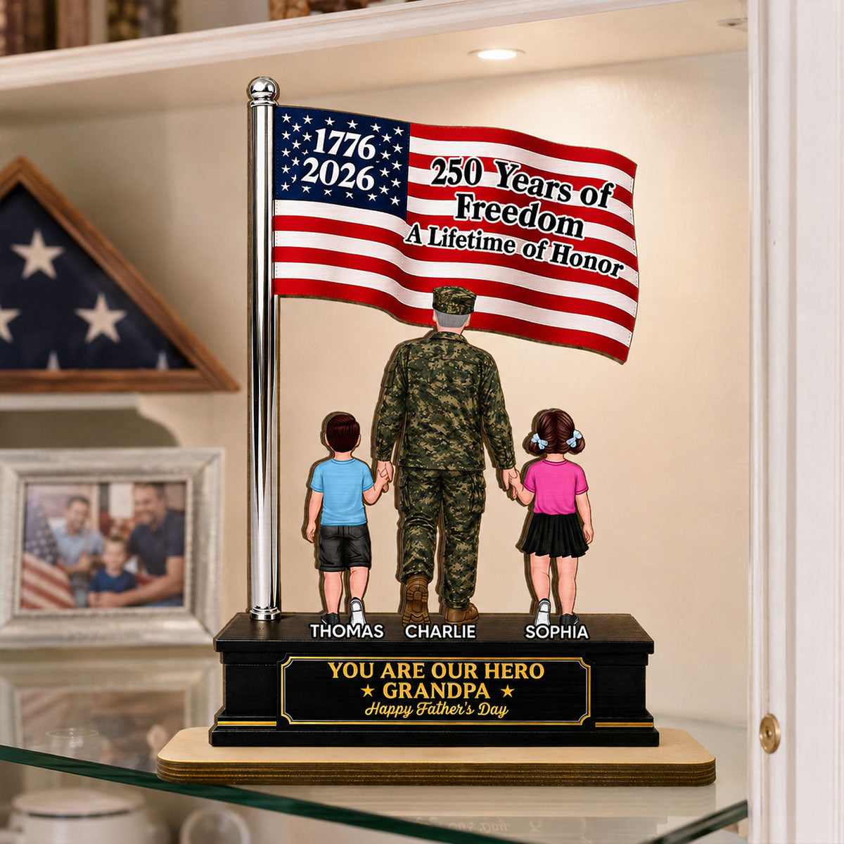 Proud American Military Veteran Grandpa Dad America 250th Anniversary - Personalized 2-Layered Wooden Plaque -  Gift For Dad, Grandpa Husband