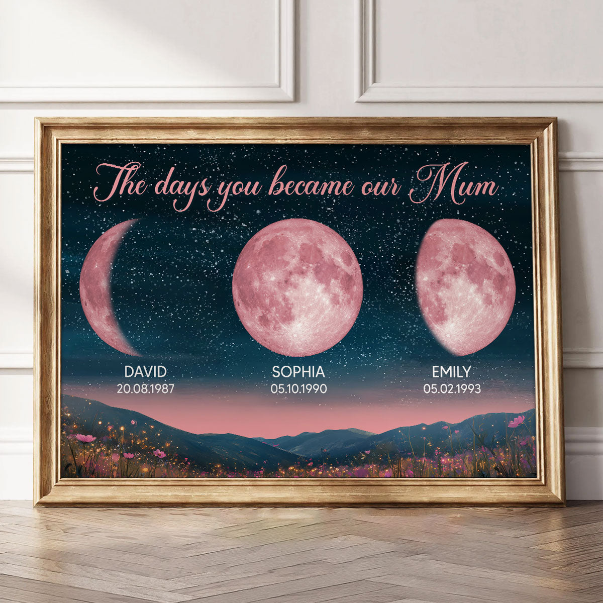Pink Custom Moon Phase Birth Moon Beautiful Hill At Night - Personalised Poster
