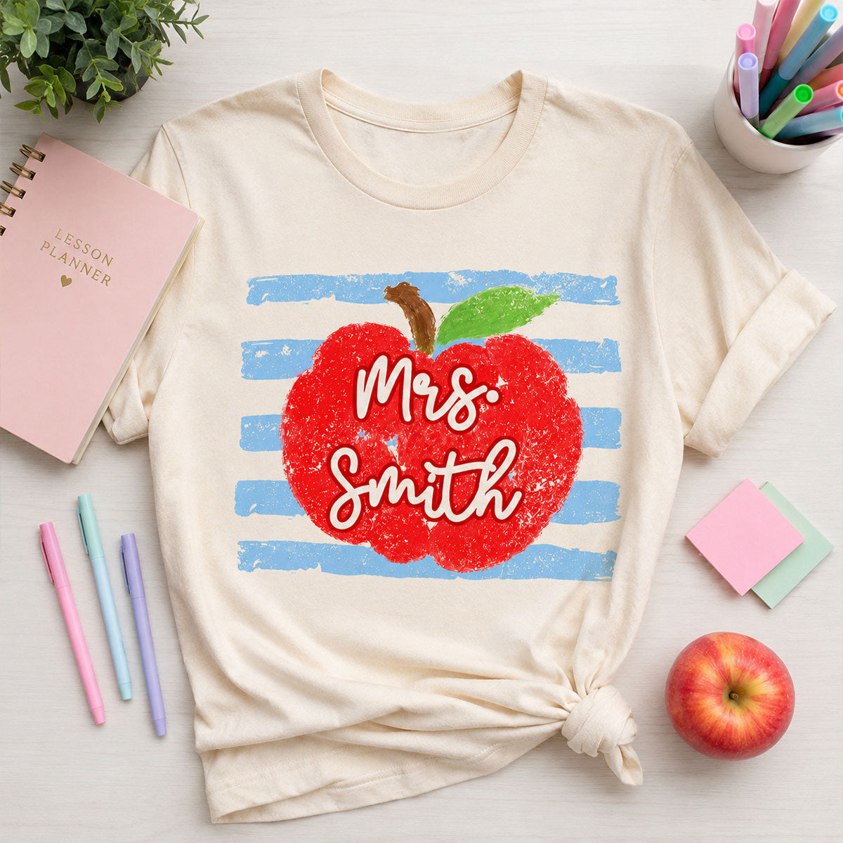 Coastal Apple Pencil Stripes - Personalized Shirt - Back To School Gift For Teacher