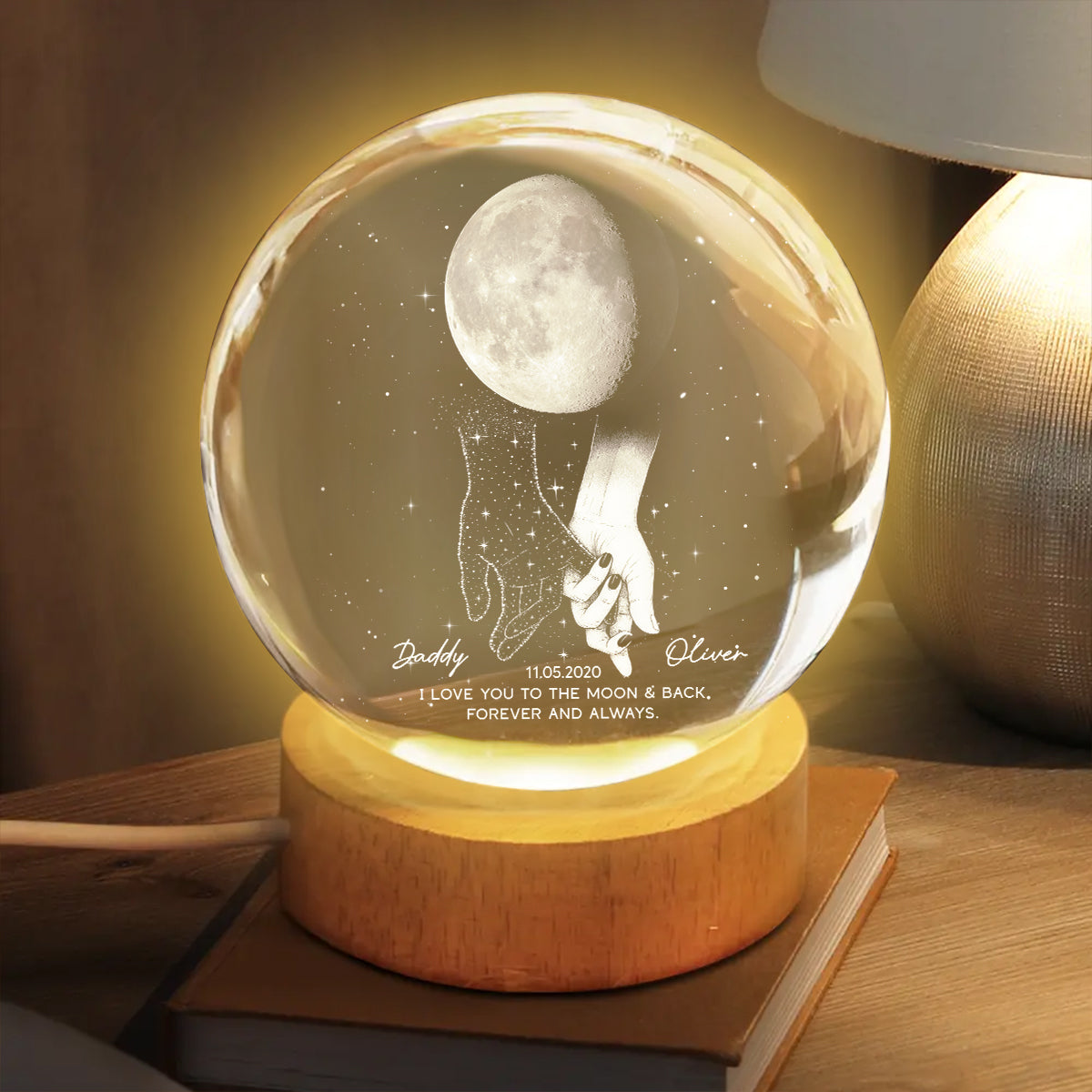 Lost Loved One Holding Hands Moon Phase Galaxy Art - Personalized Crystal Ball Night Light - Memorial Sympathy Gift