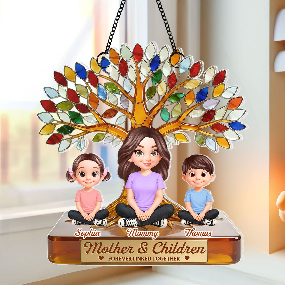 Mom And Son Daughter Under Colorful Tree Of Life - Personalized Suncatcher Ornament - Gift For Mom