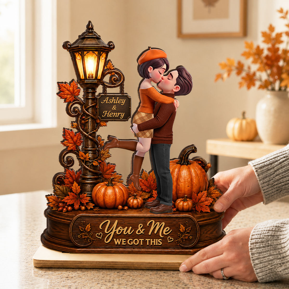 Couple Hugging Under Lamp Post Fall Season - Personalized 2-Layered Wooden Plaque - Heartfelt Gift for Her, for Him
