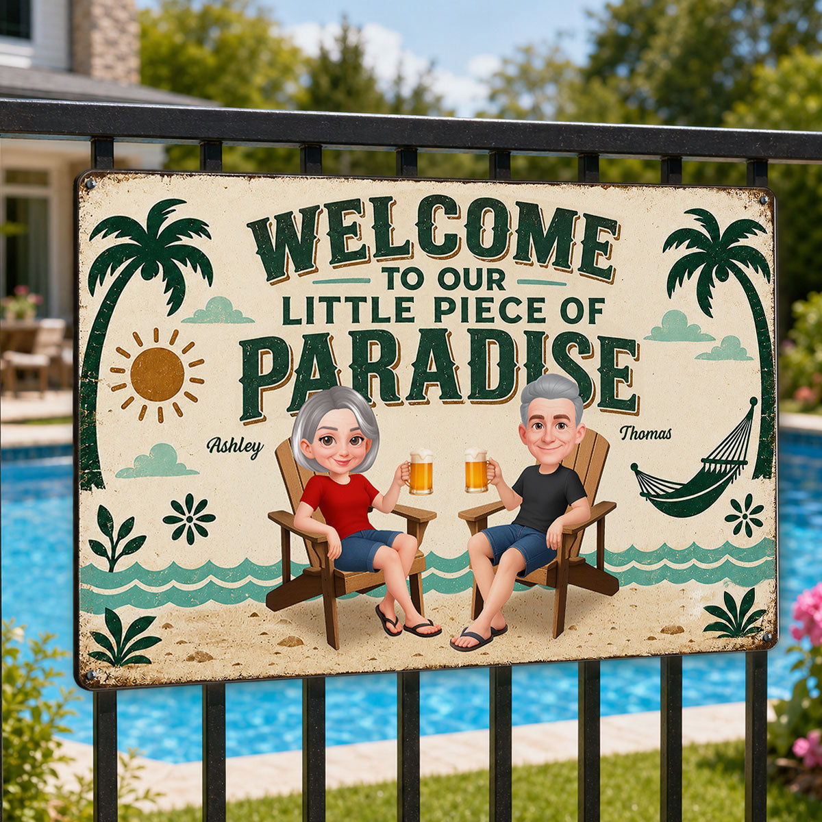 Couple Welcome To Our Little Piece Of Paradise - Personalized Metal Sign - Summer Pool Patio Decoration