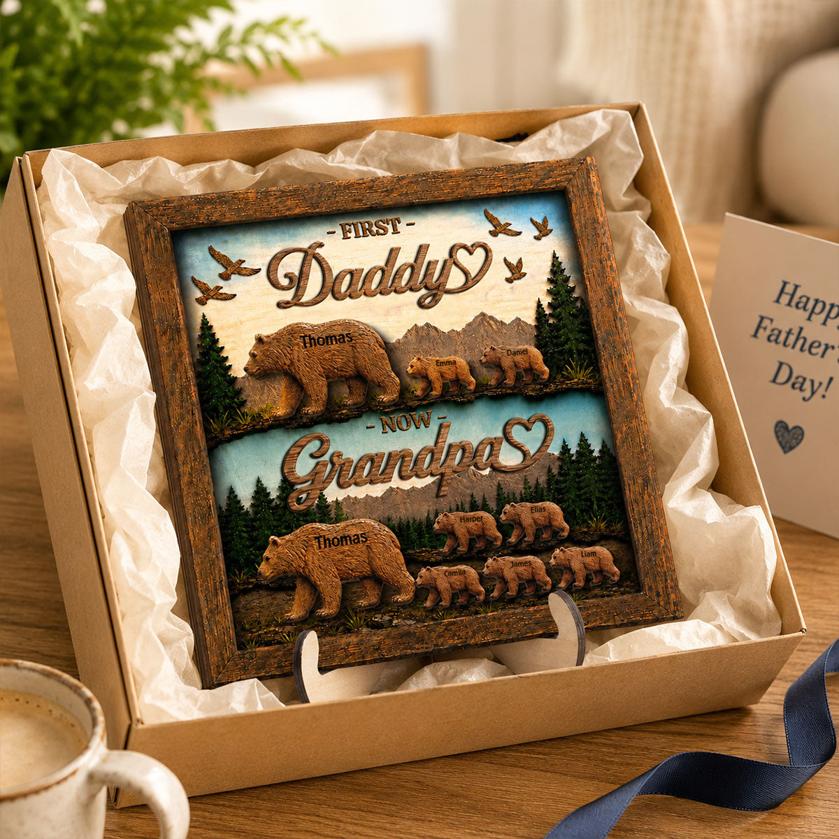 First Dad Now Grandpa Bear with Kids Name - Personalized 2-Layered Wooden Plaque