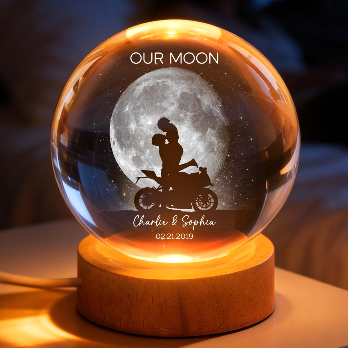 Biker Couple Kissing in the Moonlight, Custom Moon Phase by Date - Personalized Crystal Ball LED Night Light - Heartfelt Valentine's Day Gift for Her, for Him