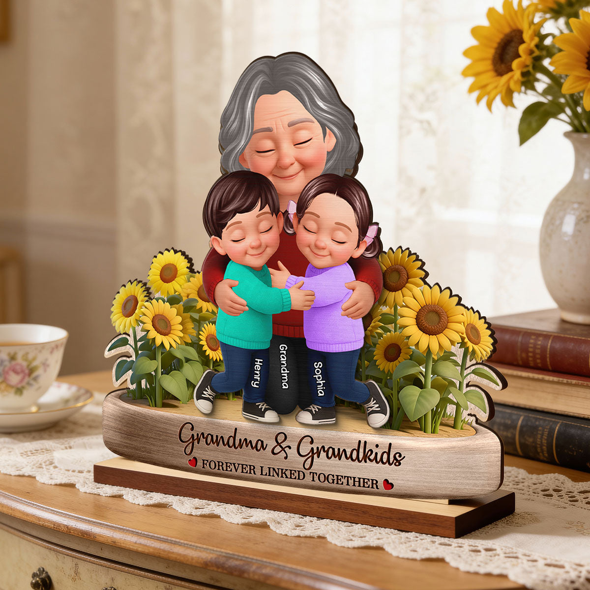 Grandma And Grandkids Forever Linked Together Sunflower Field - Personalized 2-Layered Wooden Plaque - Gift For Grandma