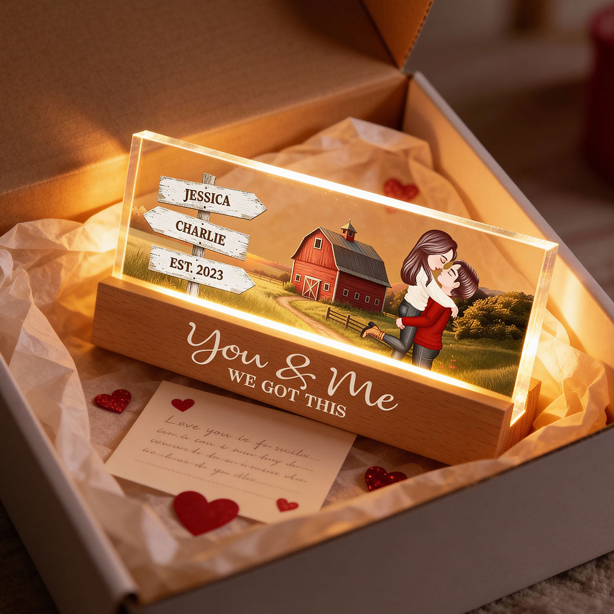 Rustic Nostalgia Red Barn House Sign Posts Couple Hugging Kissing Farmhouse Decor - Personalized Acrylic Block Plaque LED Night Light - Heartfelt Valentine, Anniversary Gift For Him, For Her