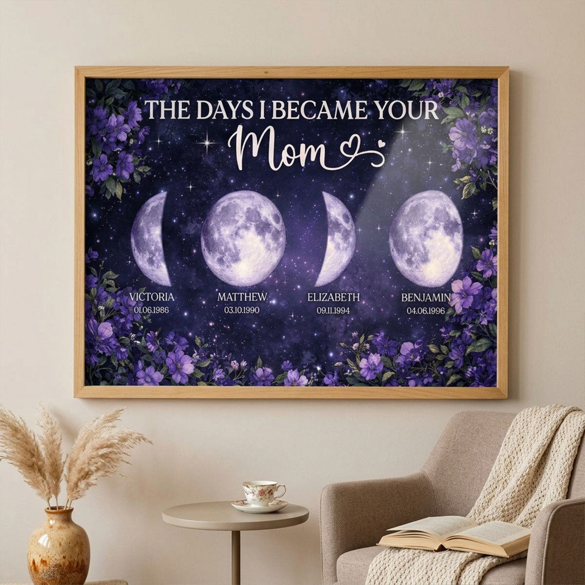 Purple Flowers The Day You Became Mom Grandma Custom Birth Moon Phase - Personalized Poster - Mother's Day Gift For Mom, Grandma