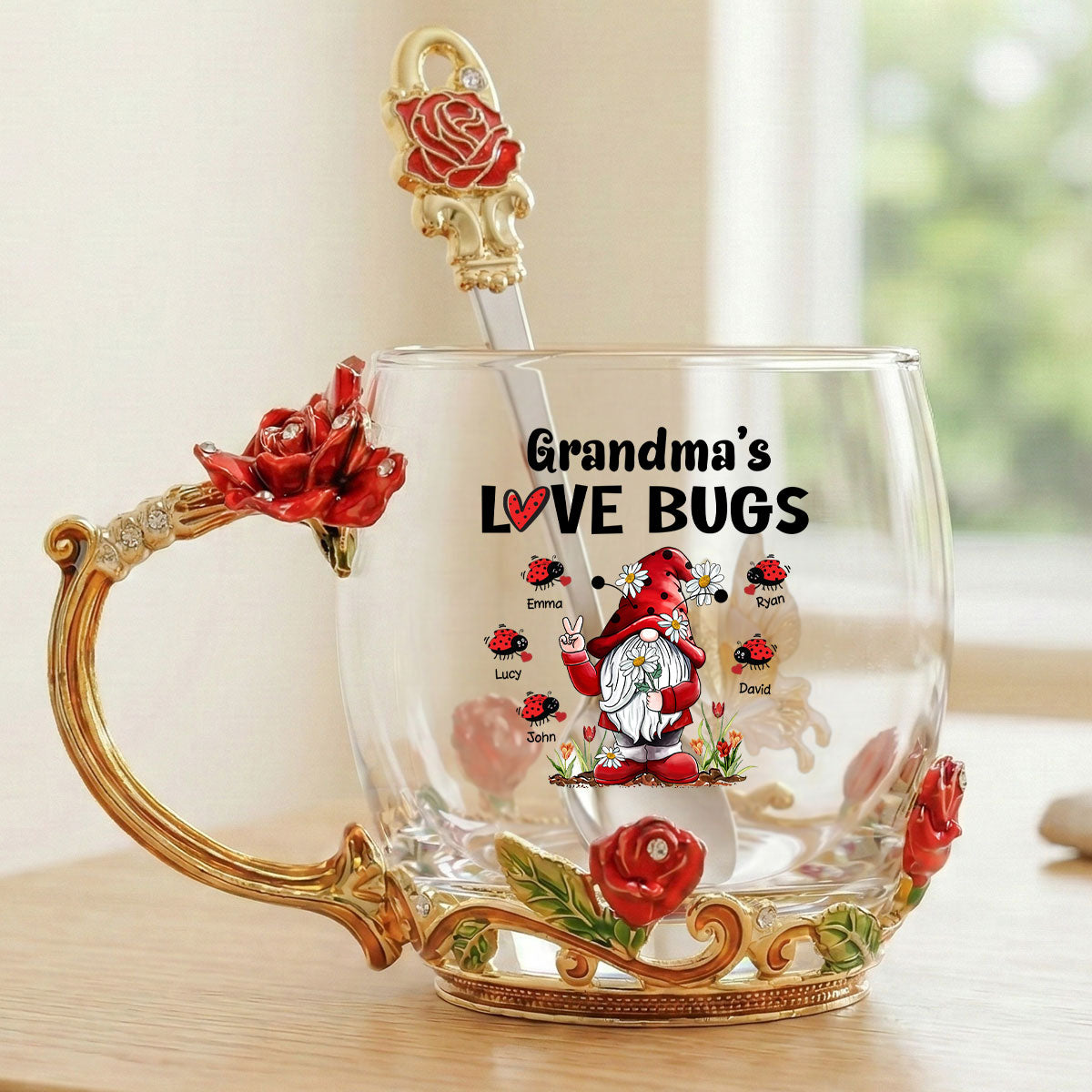 Grandma's Love Bugs - Personalized Enamel Flower Tea Cup - Gift For Grandma, Mom