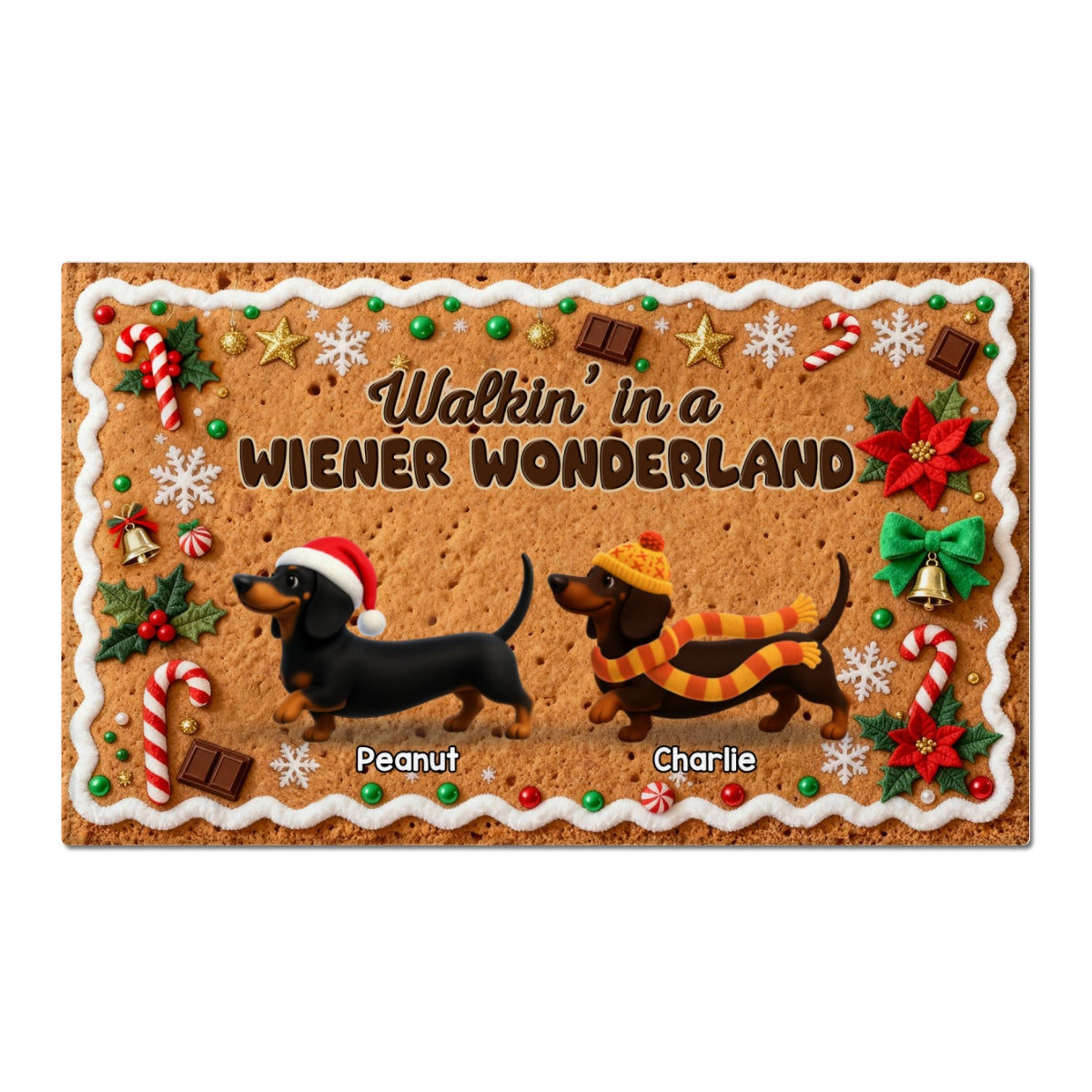 3D Effect Christmas Happy Pawliday Dachshunds Walking Gingerbread Cookie Theme - Personalized Doormat