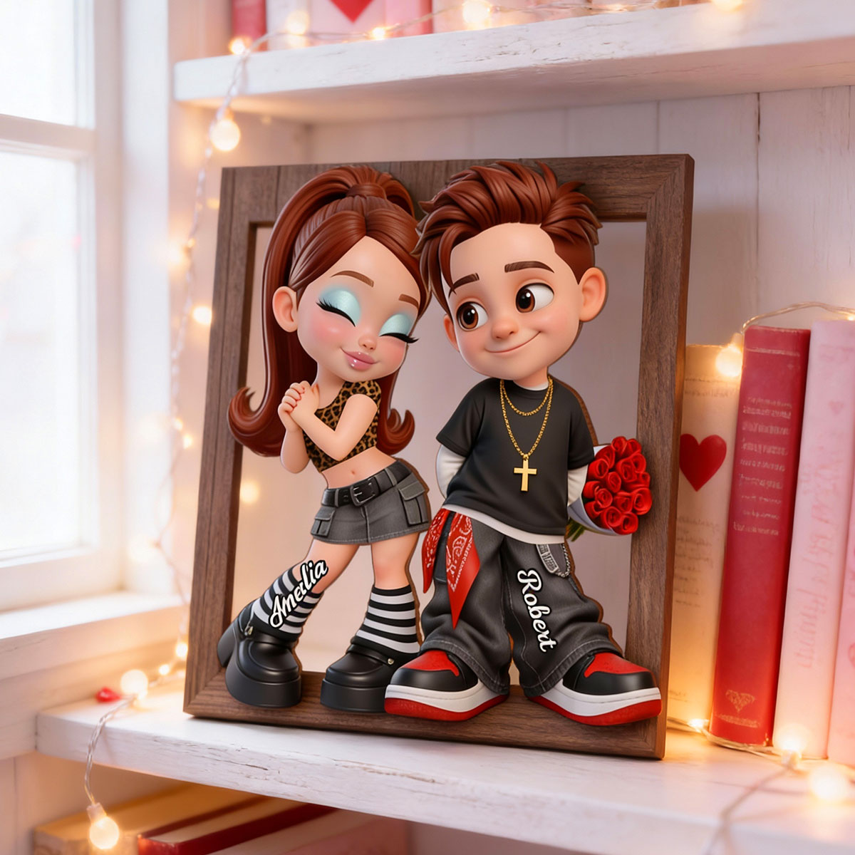 Trendy Y2K Couple Frame - Personalized 2-Layered Wooden Plaque - Heartfelt Valentine's Day Gift For Him, Gift For Her