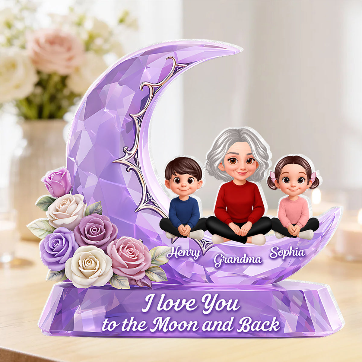 Love You To The Moon Grandma Grandkids Rose Moon - Personalized Acrylic Block Plaque - Heartfelt Gift For Mom, Grandma