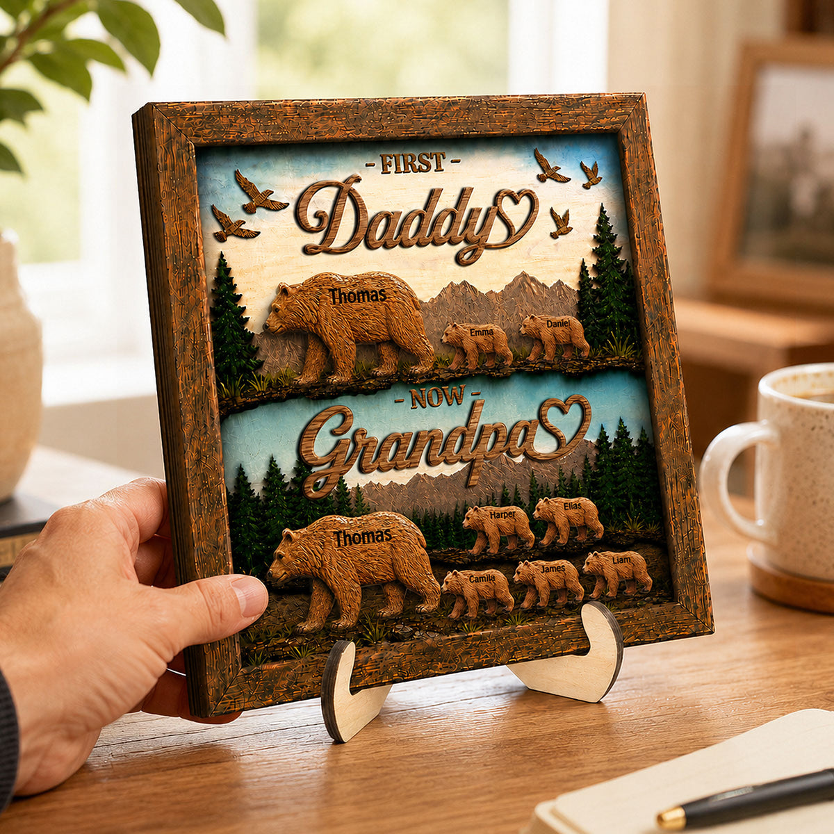 First Dad Now Grandpa Bear with Kids Name - Personalized 2-Layered Wooden Plaque