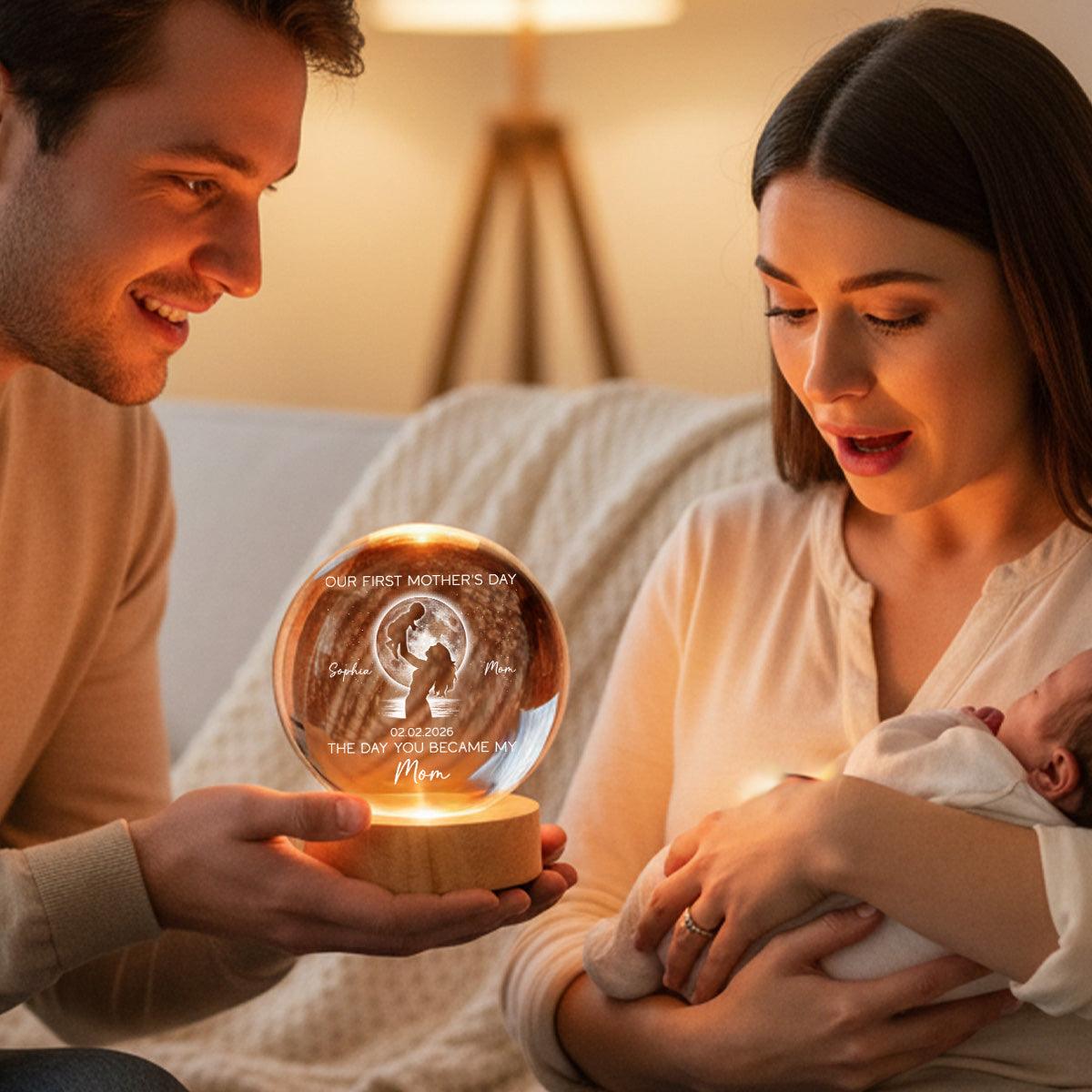 Custom Moon Phase First Mother's Day The Day You Became My Mom - Personalized Crystal Ball LED Night Light - First Mother's Day Gift For New Mom