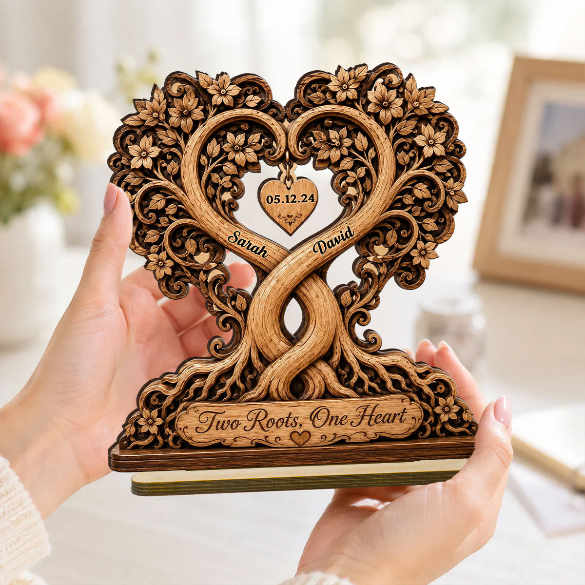 Two Roots One Heart Couple - Personalized 2-Layered Wooden Plaque - Heartfelt Anniversary Gift for Her, for Him