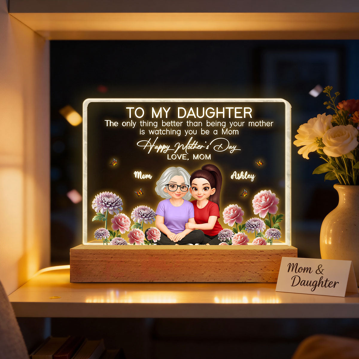 To My Daughter Happy Mother's Day Custom Birth Month Flower - Personalized Acrylic Block LED Plaque - Mother's Day Gift For Daughter