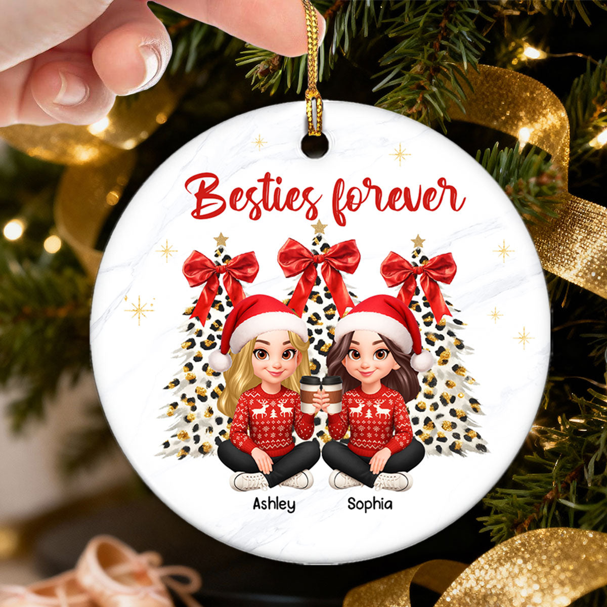 Besties Forever Leopard Coquette Christmas Tree - Personalized Ceramic Ornament
