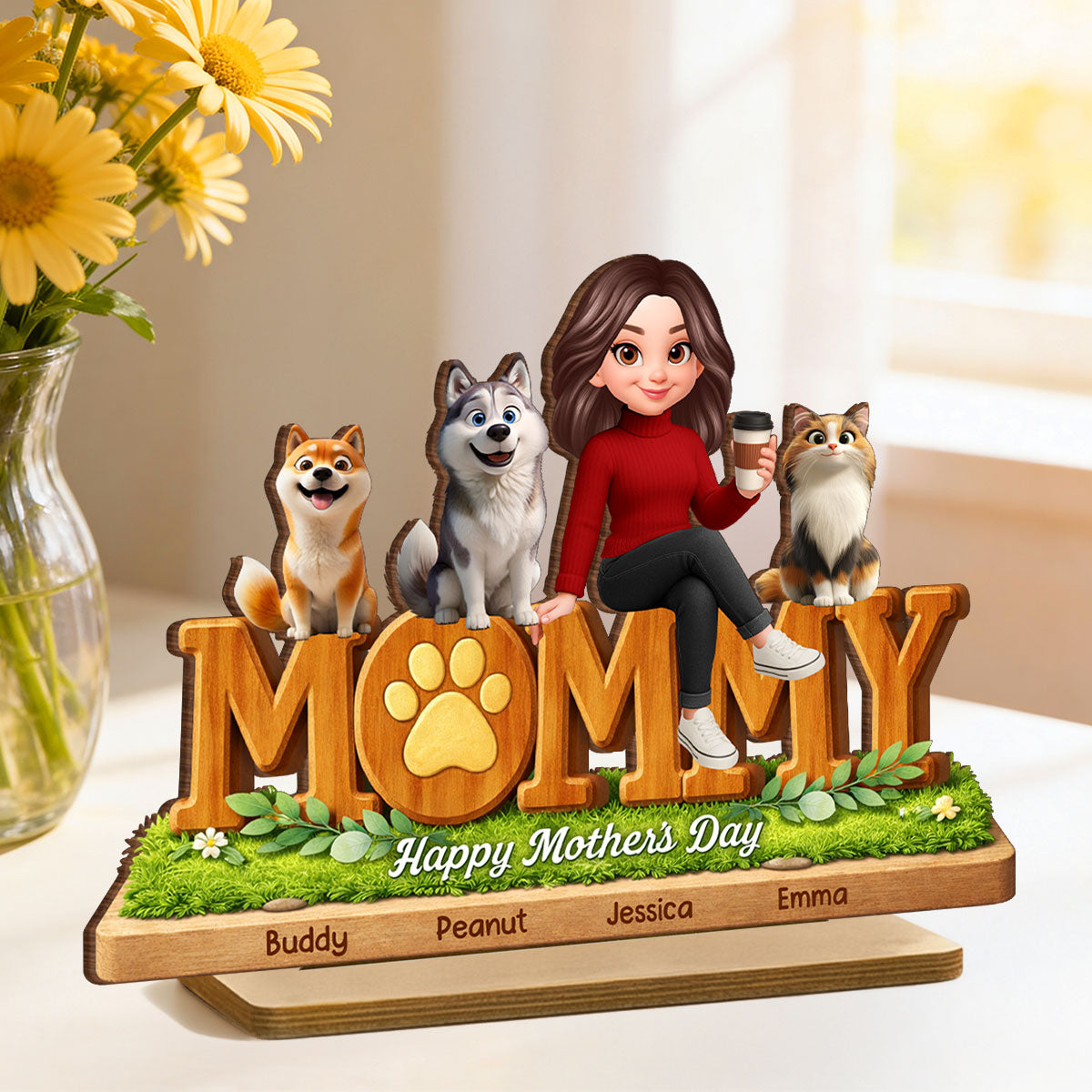 Mommy Dog Cat Happy Mother's Day - Personalized 2-Layered Wooden Plaque - Heartfelt Gift For Dog Mom, Cat Mom
