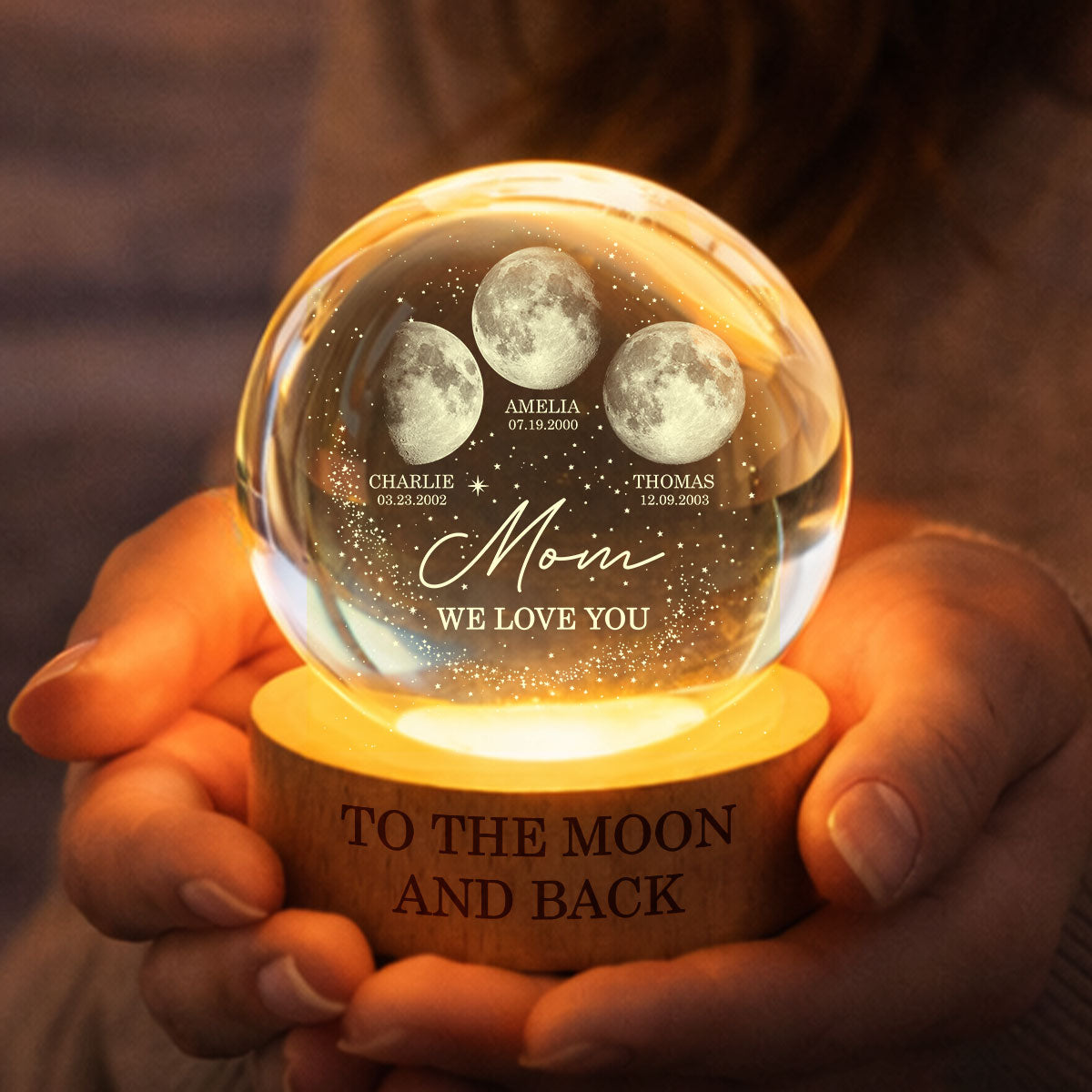 Love to the Moon and Back - Personalized Crystal Ball LED Night Light - Custom Moon Phase by Date, Mother's Day Gift for Mom, Wife