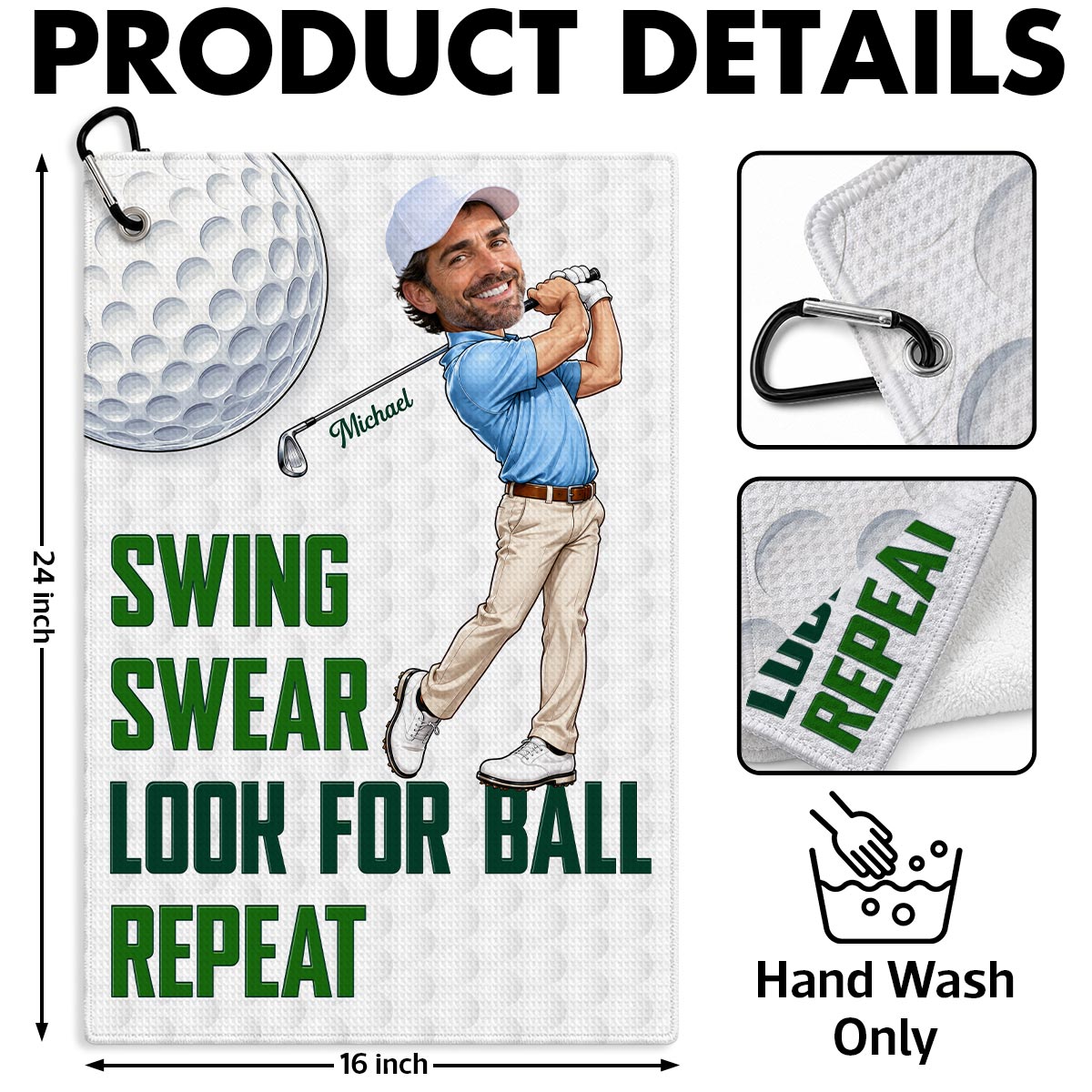 Swing Swear Look For Ball Repeat Funny Golfer Caricature Style Custom Photo - Personalized Golf Towel - Father's Day Gift For Golfers
