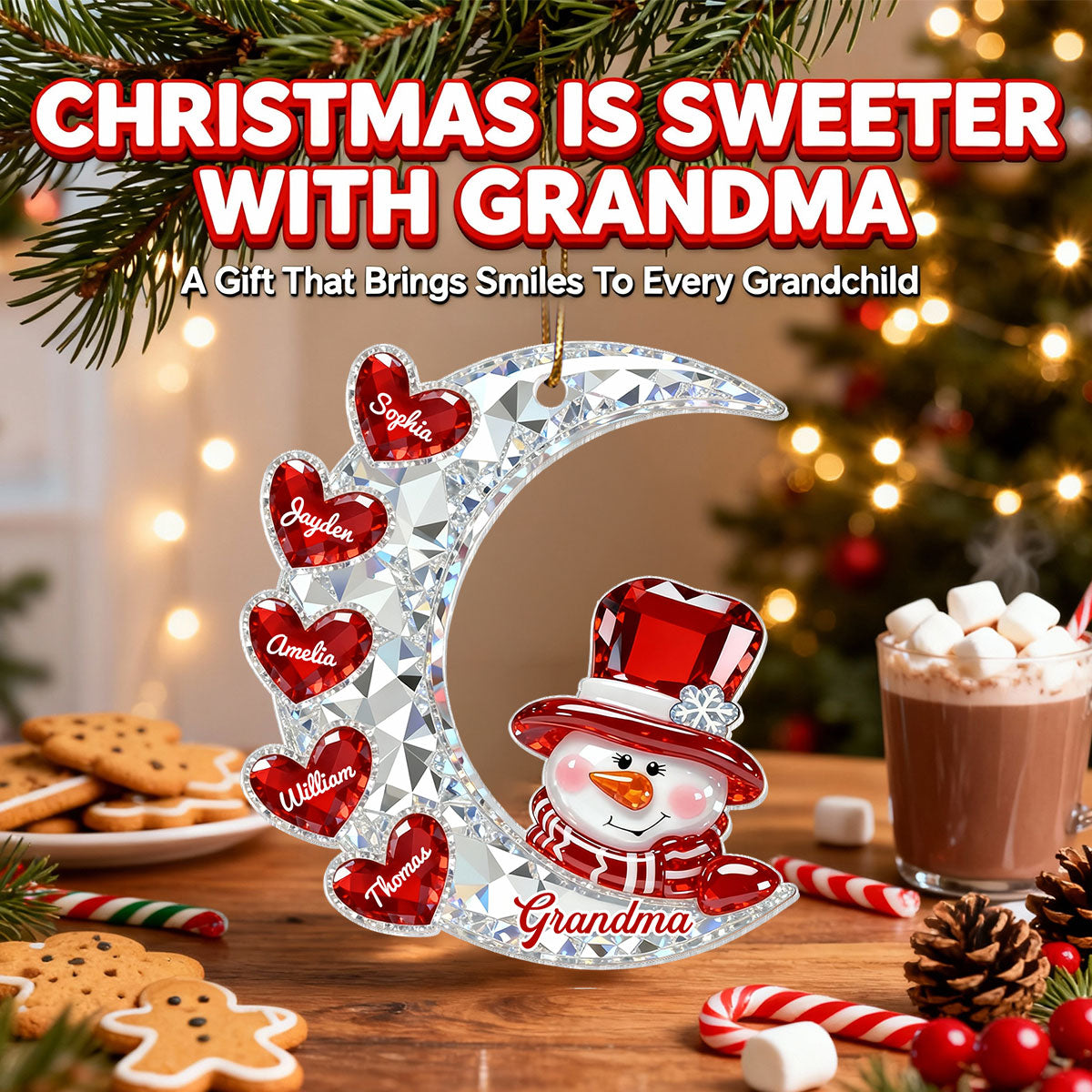 3D Effect Flat Snowman Grandma On Moon Grandkids Hearts Names - Personalized Acrylic Ornament - Gift For Grandma, Grandkids