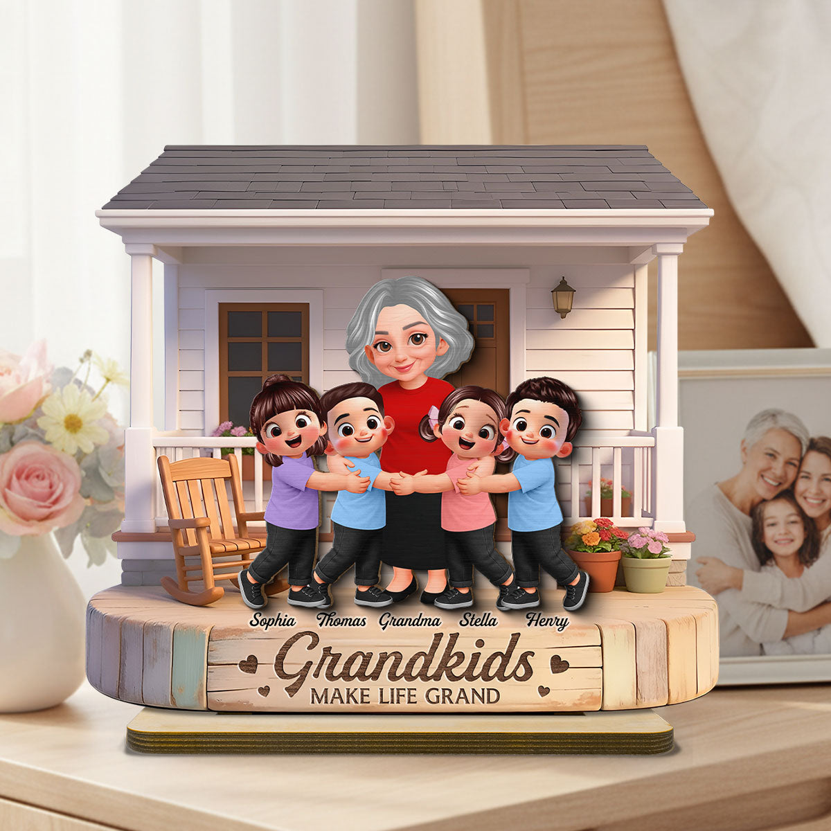 Grandma And Grandkids Happy Together At Front Porch - Personalized 2-Layered Wooden Plaque - Gift For Grandma