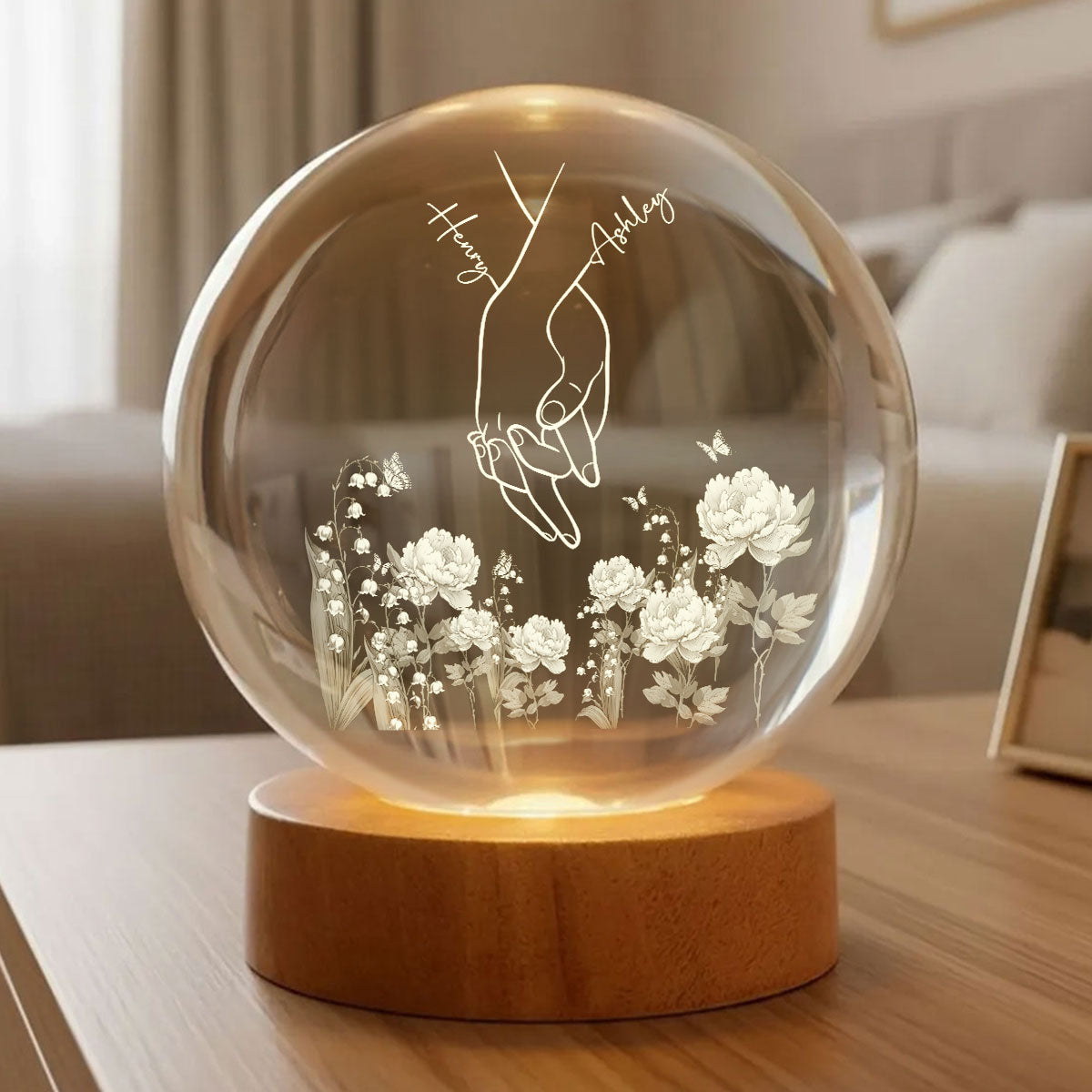 I Love You Couple Hand Print Birth Flower - Personalized Crystal Ball LED Night Light - Sentimental Gift for him, for her