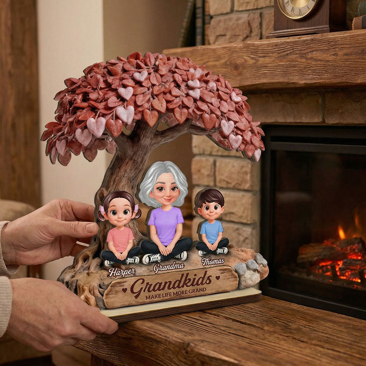 Grandma And Grandkids Under Heart Tree - Personalized 2-Layered Wooden Plaque - Gift For Grandma