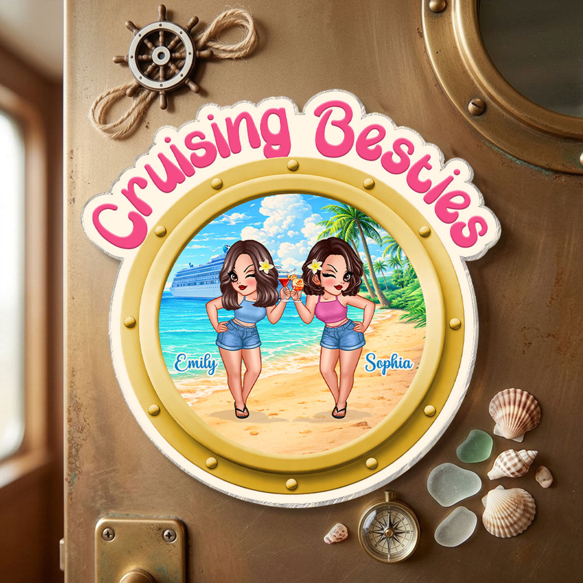 Cruise Besties Pretty Women On Beach Porthole - Personalized Cruise Ship Door Magnet - Girls Cruise Trip Keepsake