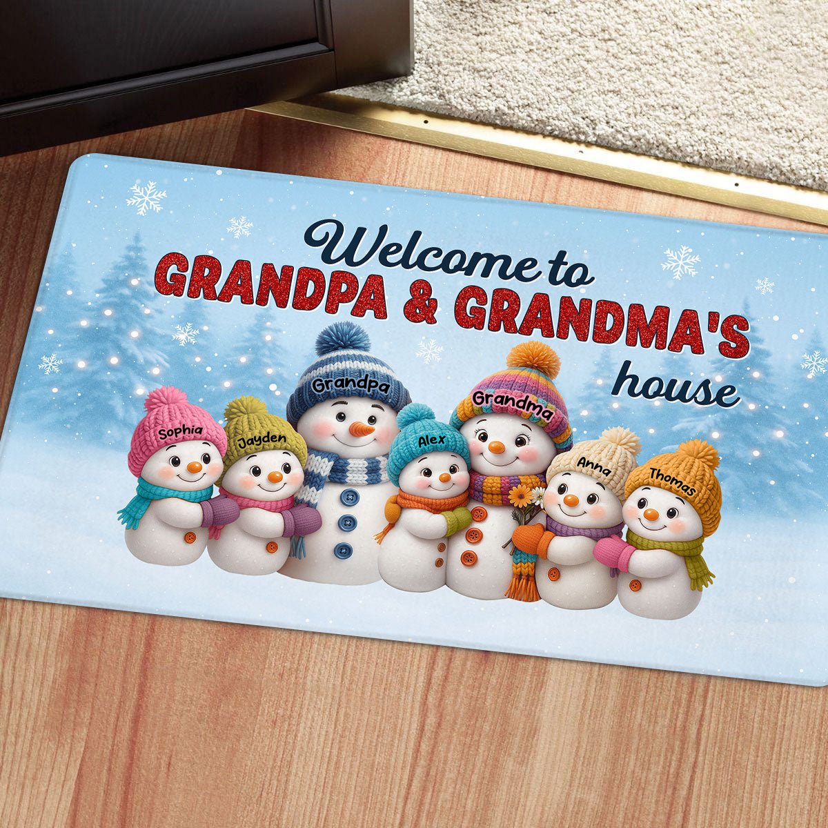 3D Effect Christmas Grandma Grandpa Grandkids Snowman Together - Personalized Doormat