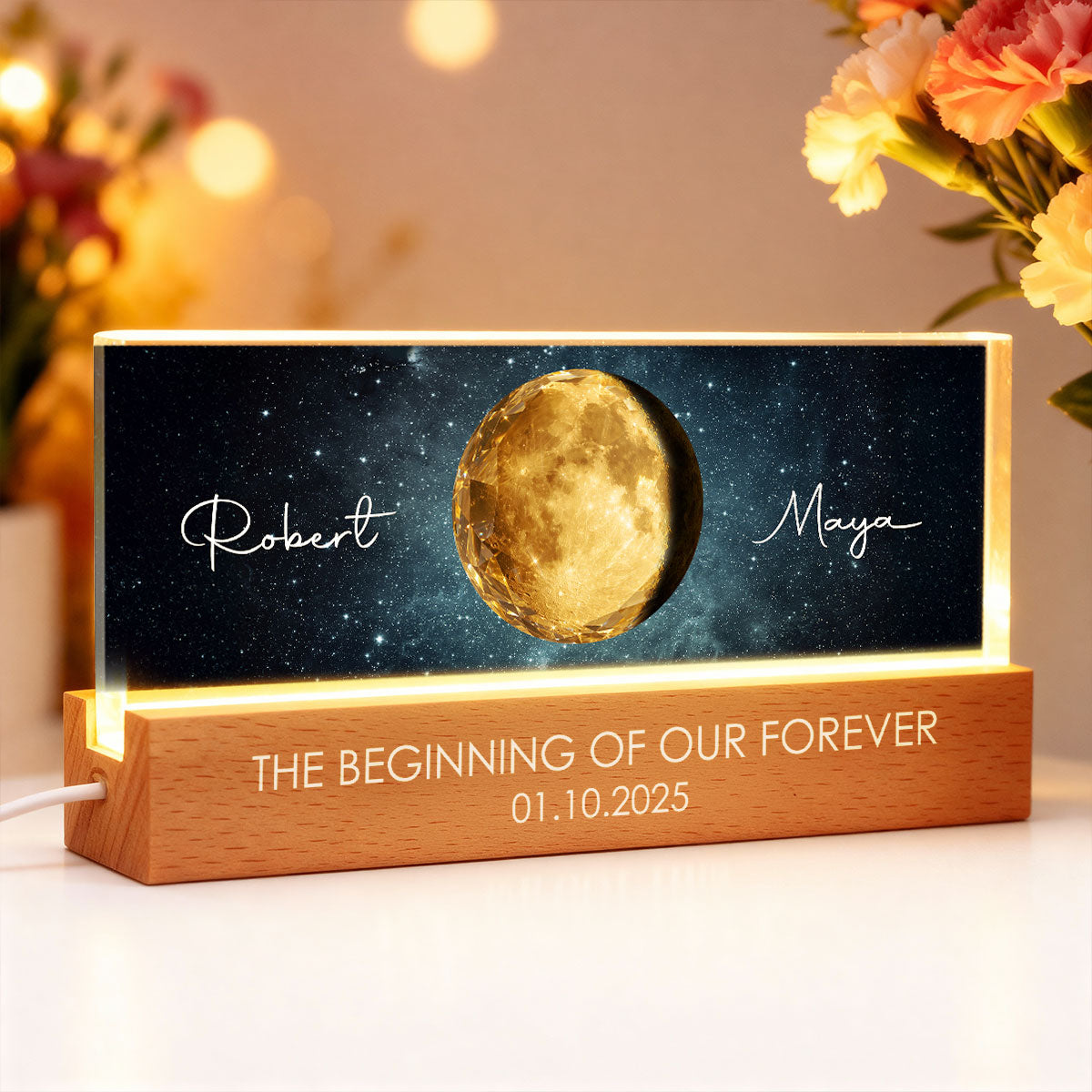 The Beginning of Our Forever Couple Moon Phase - Personalized Acrylic Block LED Night Light - Anniversary, Valentine's Day Gift for her, for him