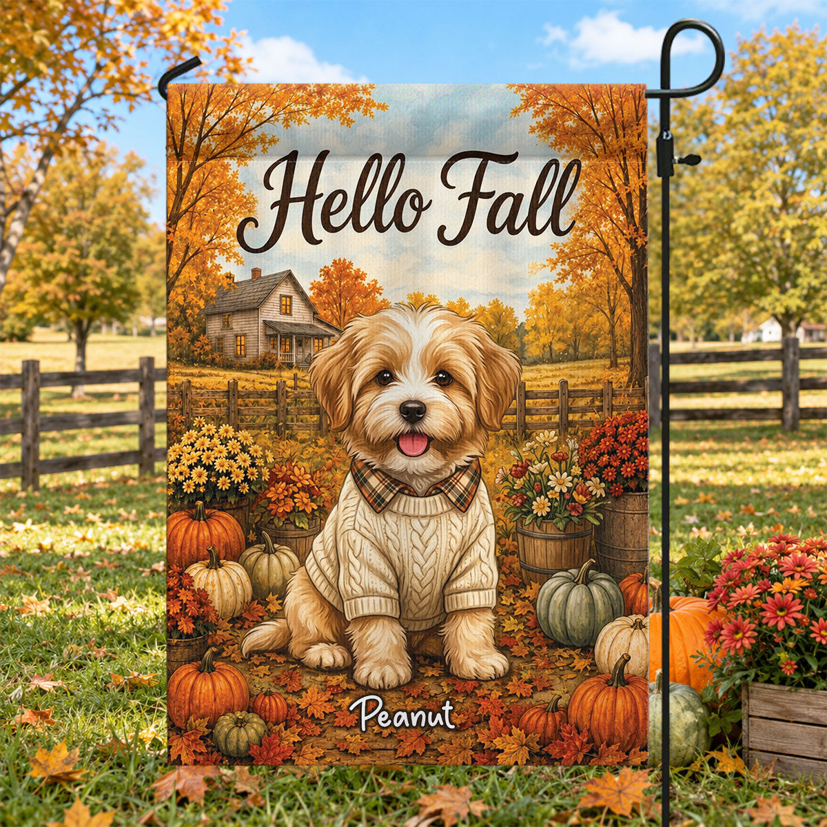 Vintage Dog Cat Hello Fall Photo Upload - Personalized Garden Flag - Fall Season Gift For Dog Mom, Cat Mom