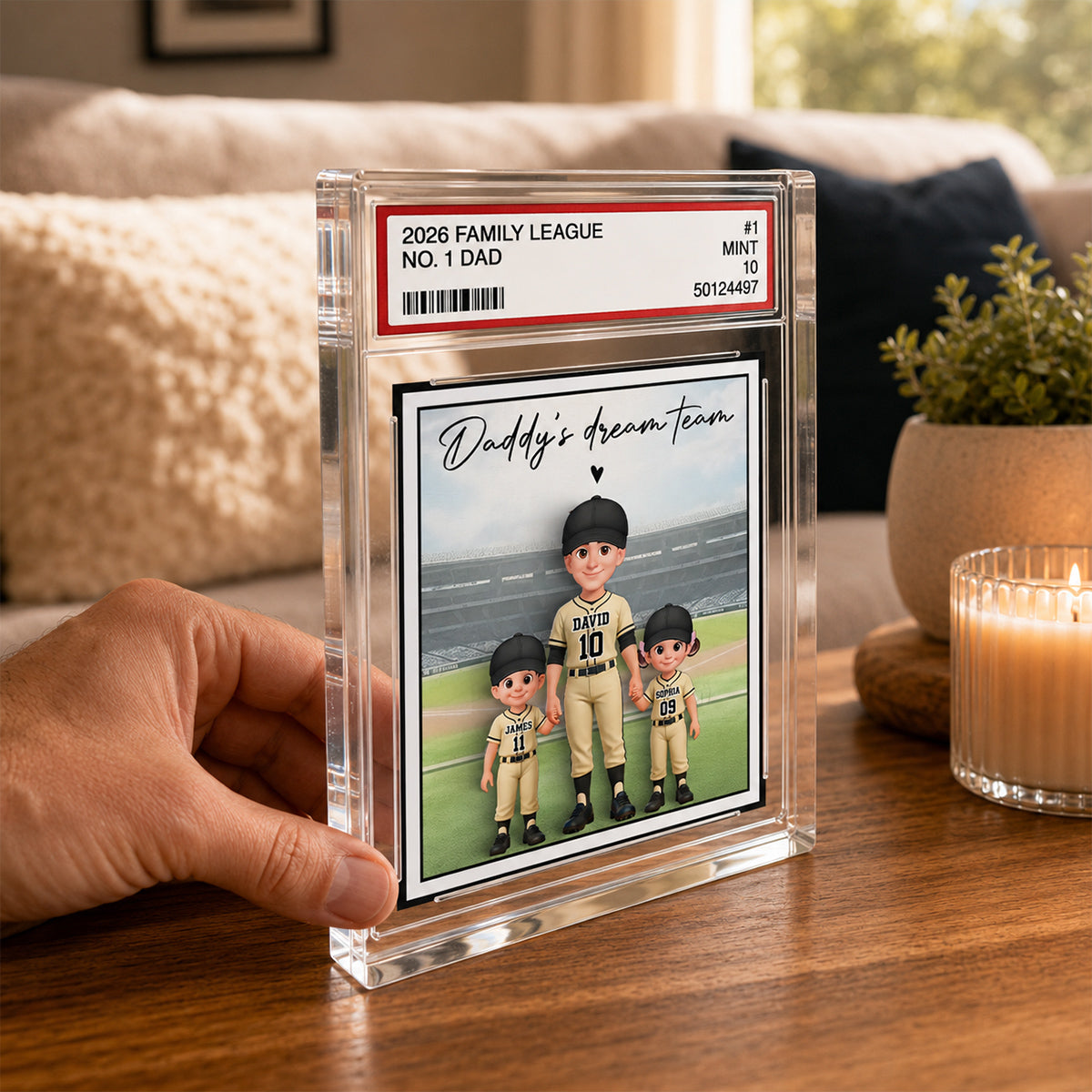Baseball No. 1 Dad Man & Kids Standing On Court Trading Card Style - Personalized Acrylic Block Plaque -  Gift For Baseball Dad