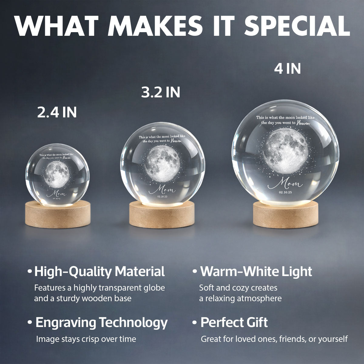 The Day You Went to Heaven Custom Moon Phase by Date - Personalized Crystal Ball LED Night Light - Heartfelt Memorial Remembrance Keepsake