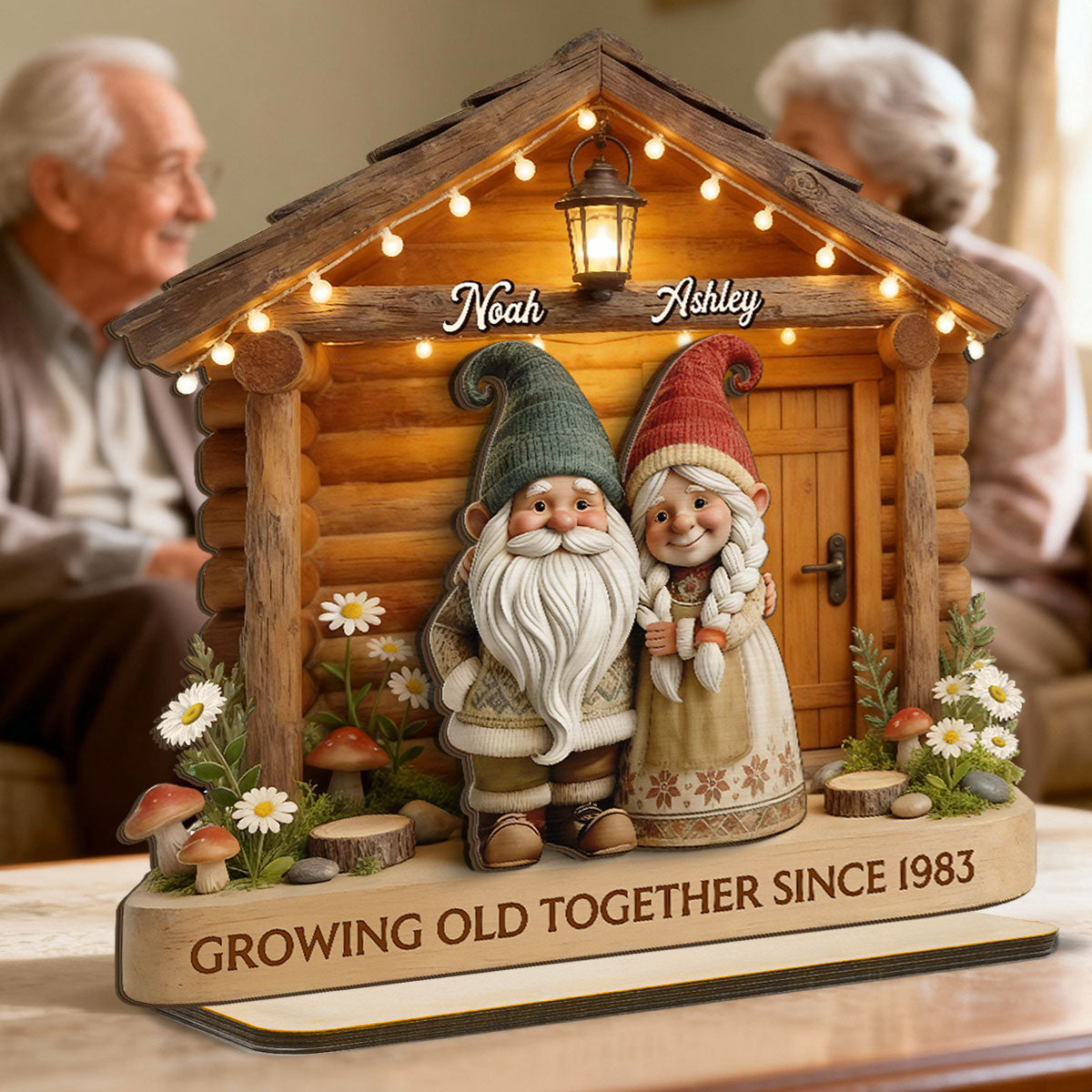 Eternal Love Gnome Couple At Wooden Cabin - Personalized 2-Layered Wooden Plaque - Heartfelt Gift For Couple