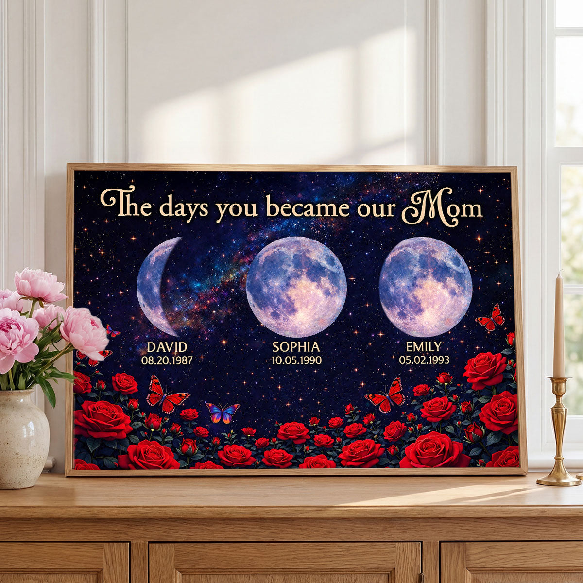 Roses The Day You Became Mom Grandma Custom Birth Moon Phase - Personalized Poster - Mother's Day Gift For Mom, Grandma