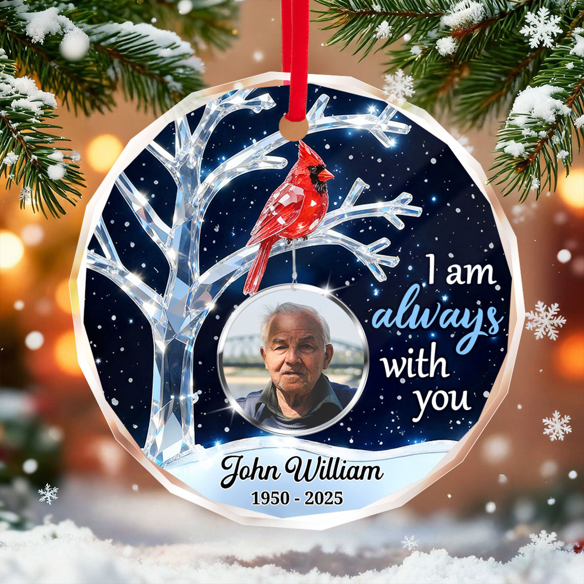 3D Crystal Effect Memorial Winter Tree Cardinals Upload Photo - Personalized Glass Ornament - Remembrance Gift, Sympathy Gift