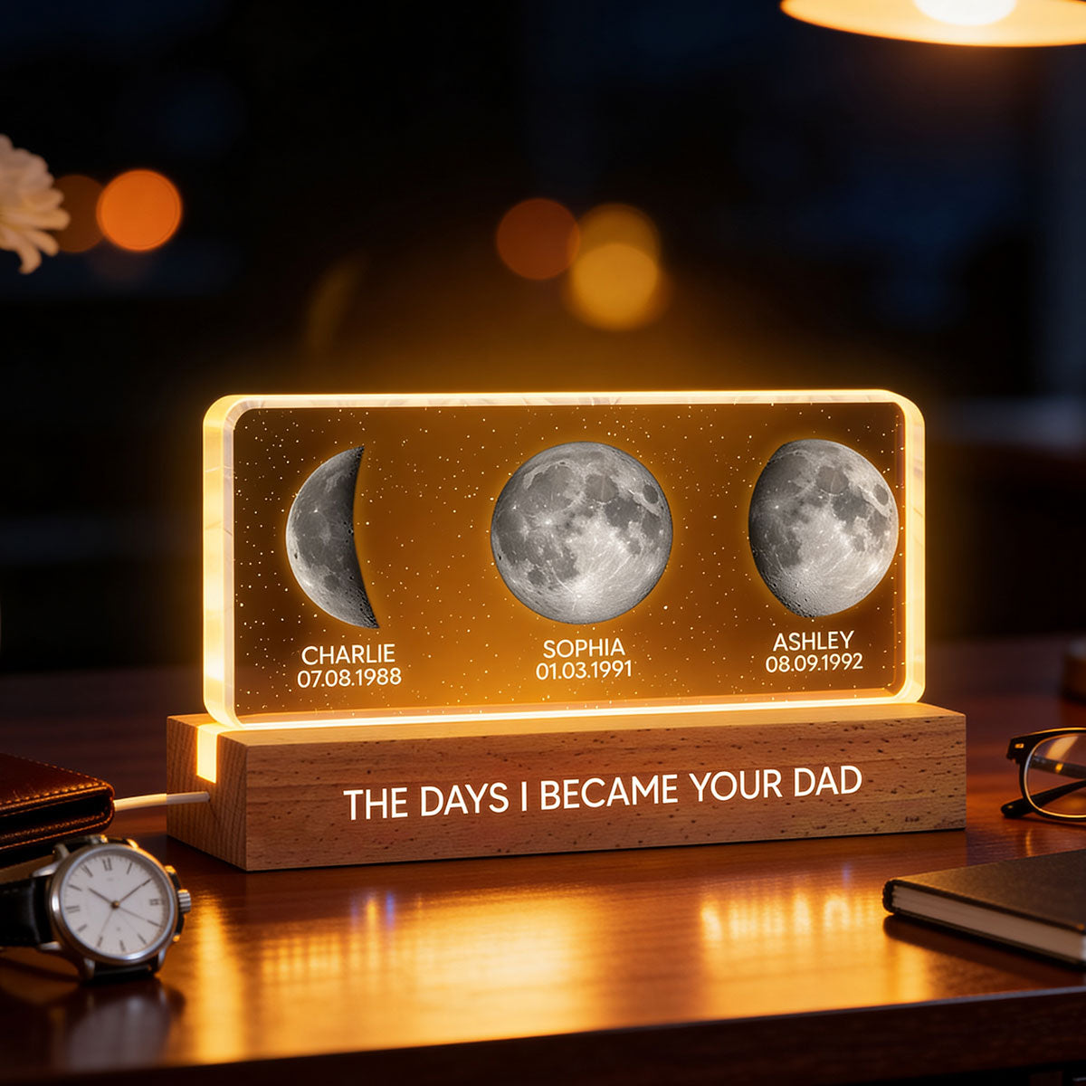 The Days You Became Our Dad Custom Children Birthdate Moon Phase - Personalized Acrylic Block LED Night Light - Heartfelt Father's Day For Dad