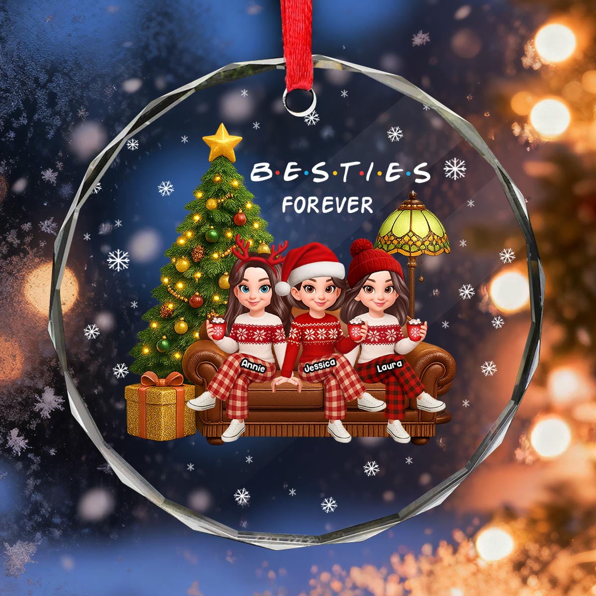 Christmas Festive Besties Forever Christmas Tree - Personalized Glass Ornament - Christmas Gift For Best Friends
