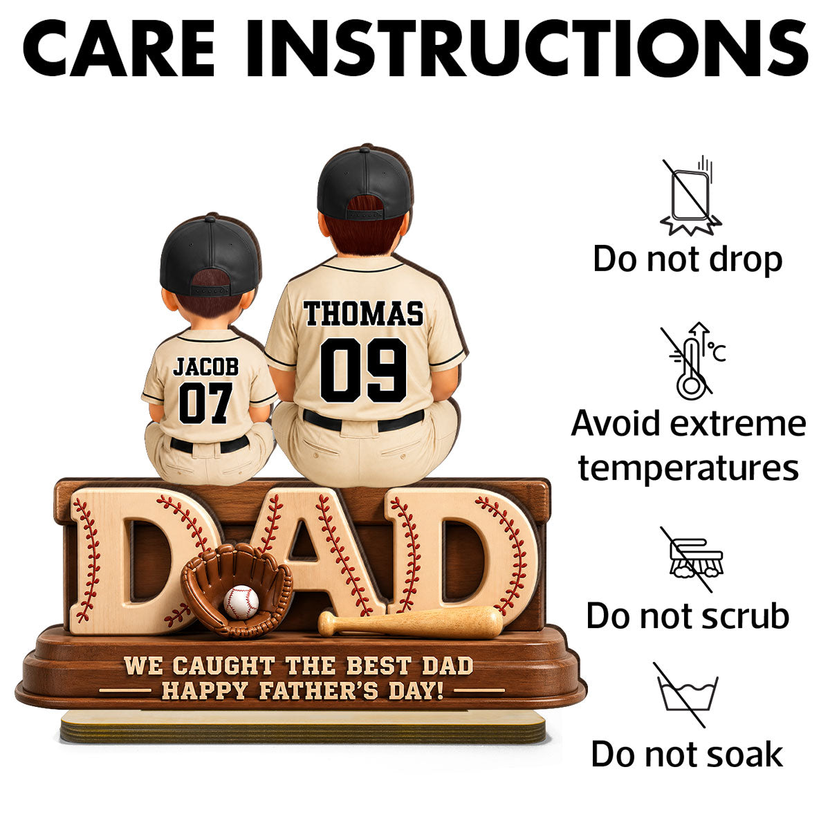 We Caught the Best Baseball Dad, Dad & Kids Back View - Personalized 2-Layered Wooden Plaque -  Gift for Dad, Husband