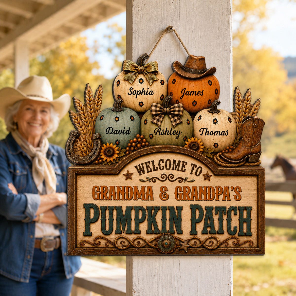 Western Vibe Welcome To Grandma Grandpa Pumpkin Patch 2D Flat - Personalized Wood Sign