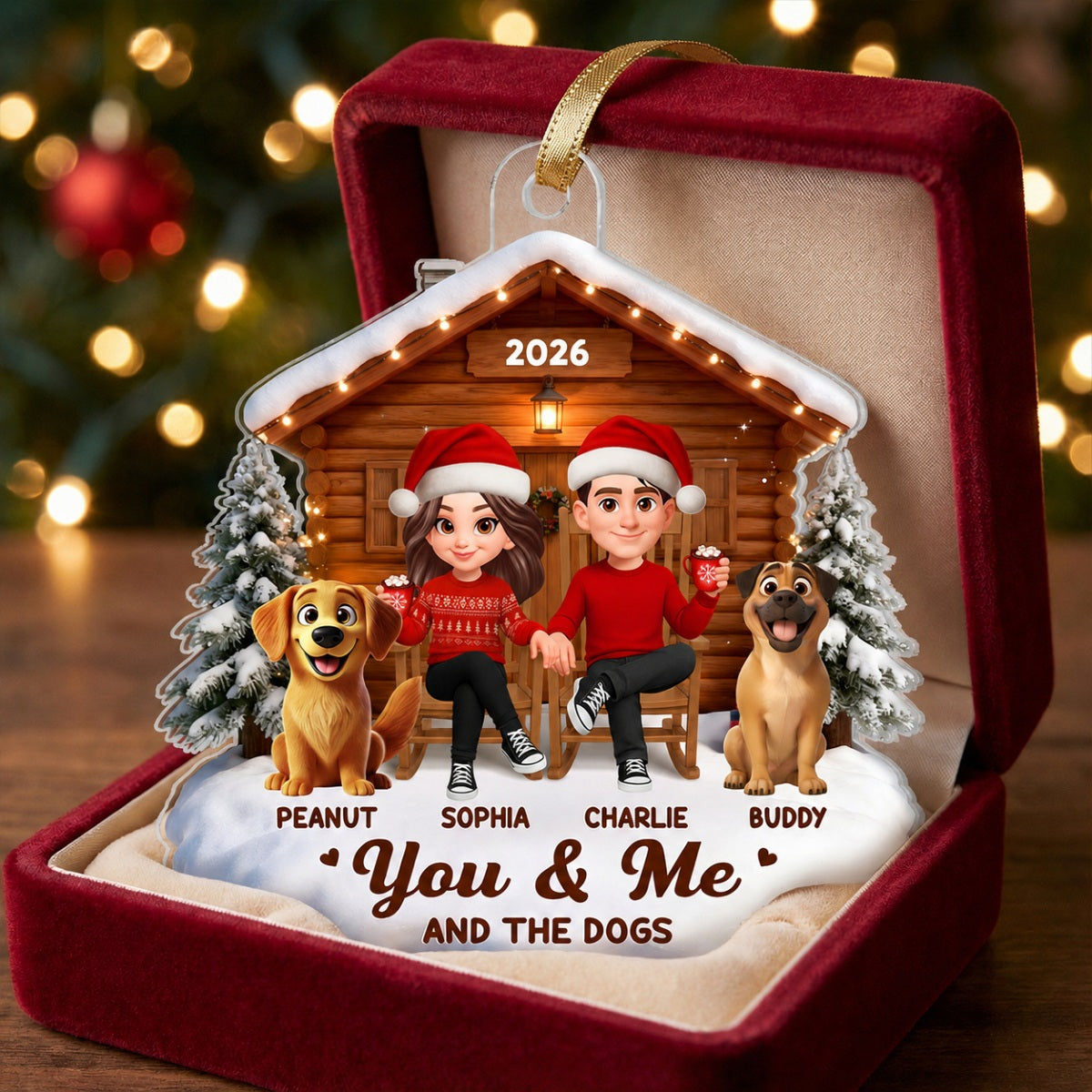 3D Effect Christmas Couple And Dog Cat Wooden Cabin - Personalized Acrylic Ornament - Heartfelt Gift For Couple
