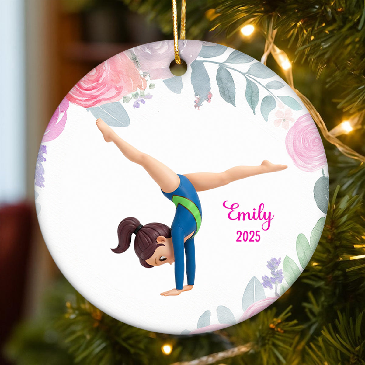 Floral Frame Gymnastic Girl - Personalized Ceramic Ornament - Gymnast Gift For Daughter, Granddaughter