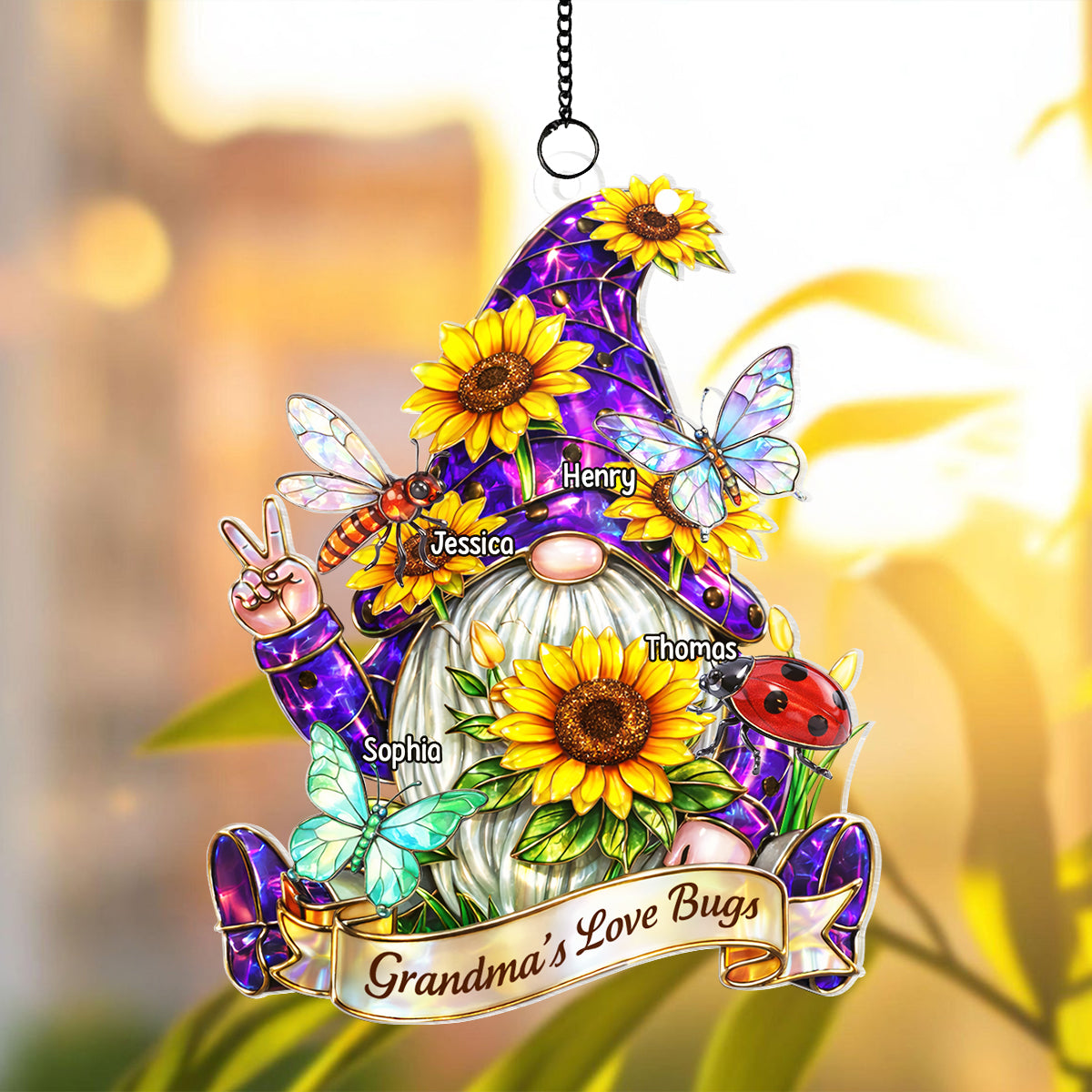 Grandma Love's Bugs Gnome - Personalized Suncatcher Ornament - Heartfelt Mother's Day Gift for Grandma