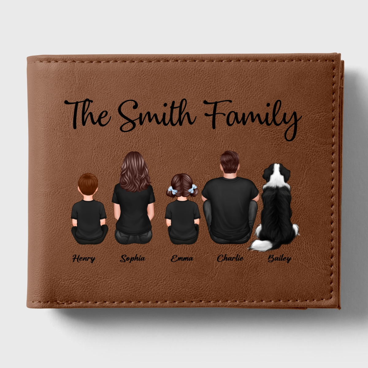 Family Sitting Together Personalized Printed Leather Wallet, Father's Day Gift, Birthday Gift For Husband, Dad, Grandpa