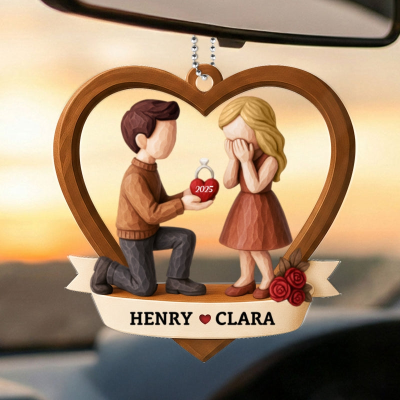 Couple Marriage Proposal 3D Wooden Effect - Personalized Acrylic Car Hanger - Newly Engaged Gift, "She Said Yes!"