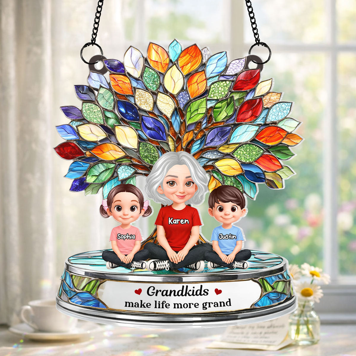 Grandkids Make Life More Grand Family Tree - Personalized Acrylic Suncatcher - Heartfelt Mother's Day Gift for Grandma